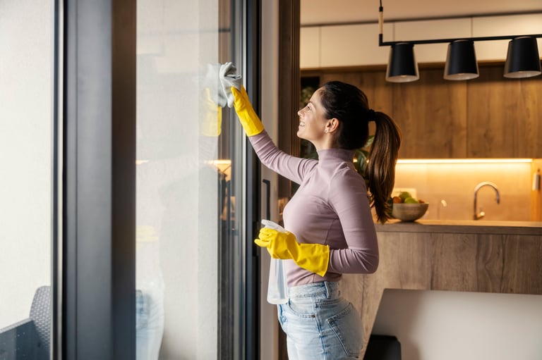 Woman cleaning windows with detergent and microfiber cloth