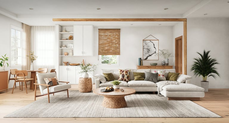 Bright modern Scandinavian living room interior with natural wood furniture, neutral color palette, cozy sofa, woven textures and indoor plants
