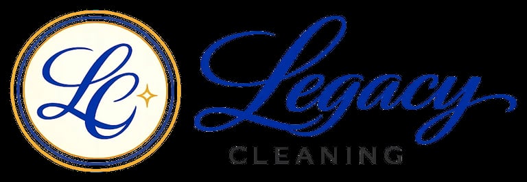 Legacy Cleaning logo featuring blue script text with circular gold and white emblem